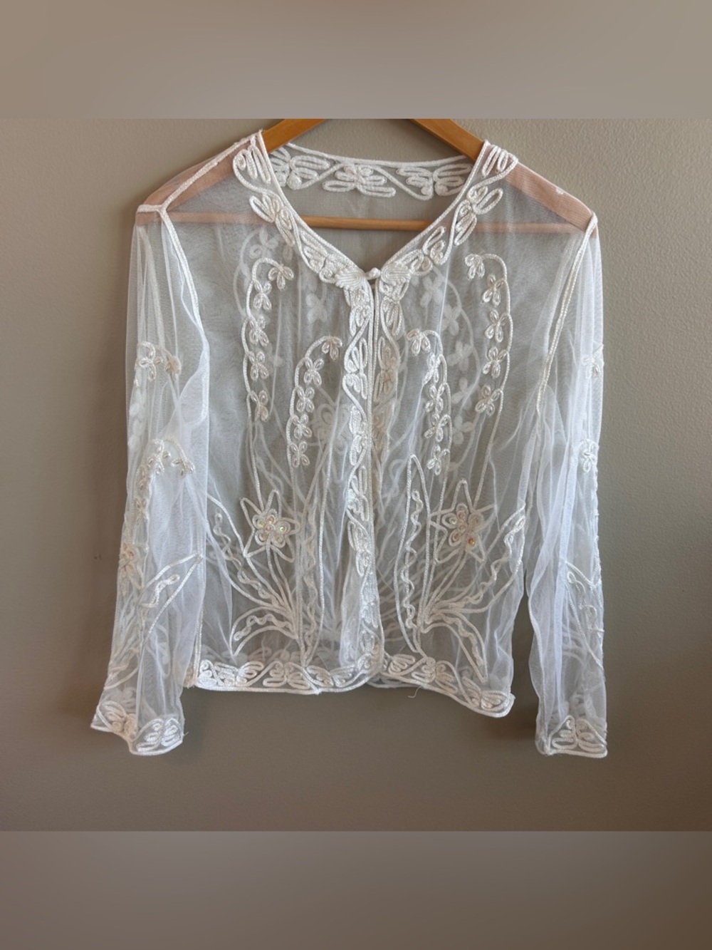 Vintage Sheer Embroidered Lace Top Beaded Floral Fairy Cottagecore Blouse Small